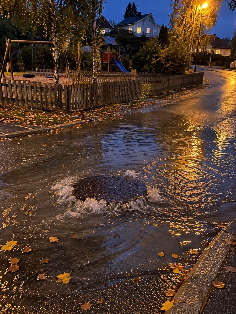 Photo of water flowing up from a manhole in the road by a playground